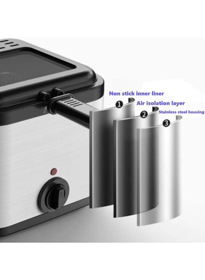 دينكس مقلاة كهربائية منزلية صغيرة سعة 2.5 لتر، عالية الطاقة 1000 واط، متعددة الوظائف، مصنوعة من الفولاذ المقاوم للصدأ، لتحضير الكباب والبطاطس المقلية، فرن قلي كهربائي تجاري (فضي). - Image 5